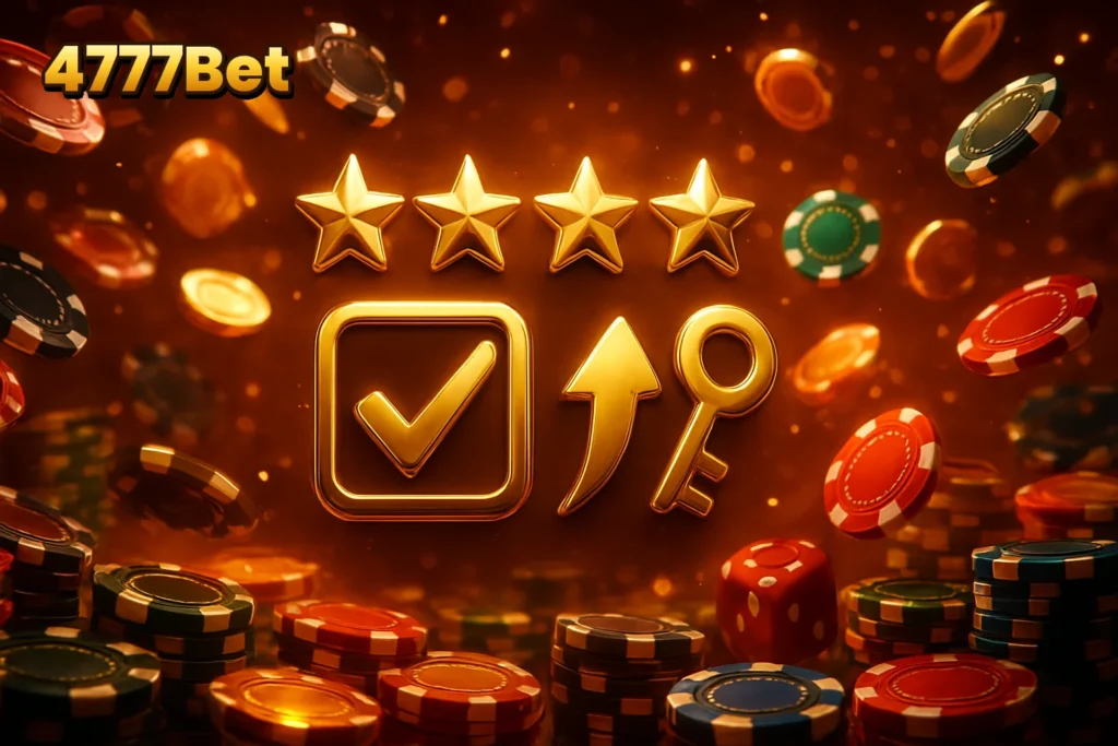 4777Bet – Summary icons including star ratings and checkmarks representing a comprehensive overview of the 4777Bet app featur