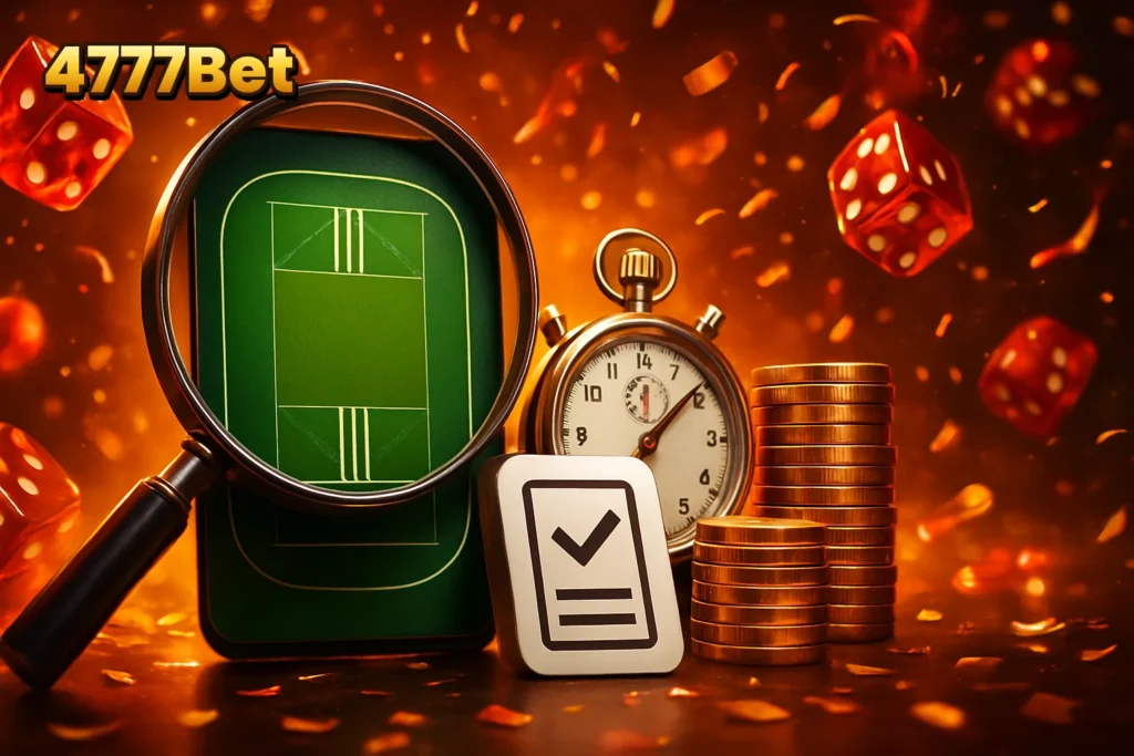 4777Bet – Close-up of a cricket bet slip with a magnifying glass, detailing match odds and stake for informed betting decisio