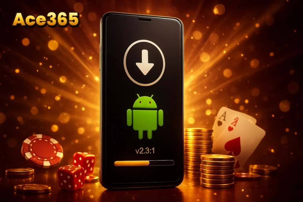 Ace365 APK download details showing app Ace365 APK download details showing app interface, version number, and download icon.