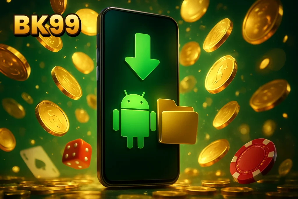 BK99 | Smartphone displaying the BK99 app download BK99 – Smartphone displaying the BK99 app download screen with an Android robot and file icon.