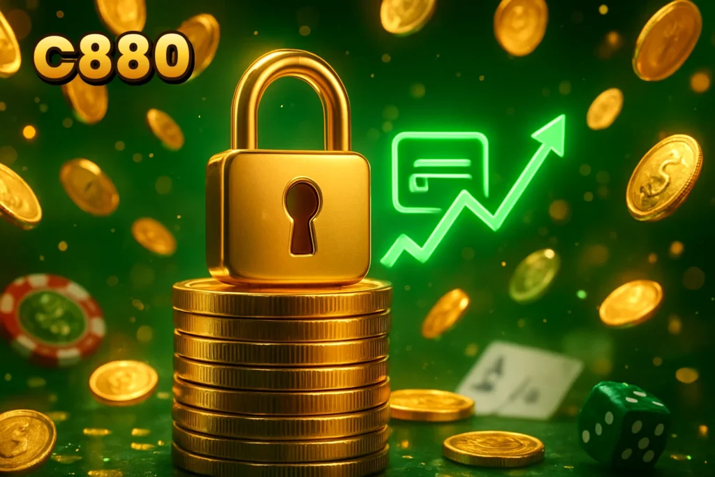 C880 | Secure digital payment symbols and financial C880 – Secure digital payment symbols and financial graph illustrating fund management on the C880 platform.