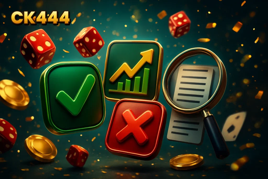 CK444 – Pros and cons icons representing CK444 service benefits and drawbacks.