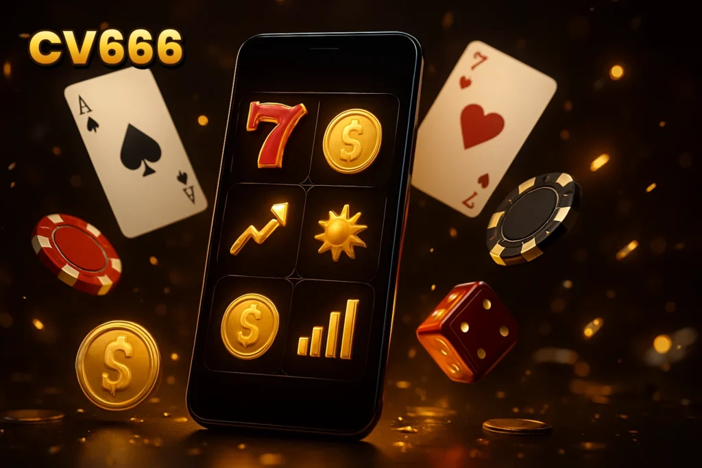 CV666 | CV666 app interface on a smartphone with game CV666 – CV666 app interface on a smartphone with game icons and payment symbols for Bangladesh.
