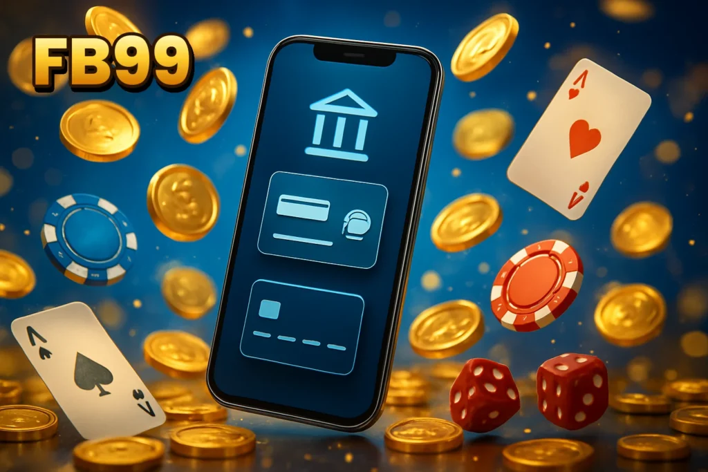 FB99 – Mobile payment interface with bKash and Nagad icons for FB99 deposits and withdrawals.