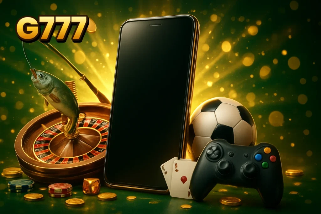 G777 – G777 app features: smartphone with casino, sports, and fishing game icons for Bangladesh users.