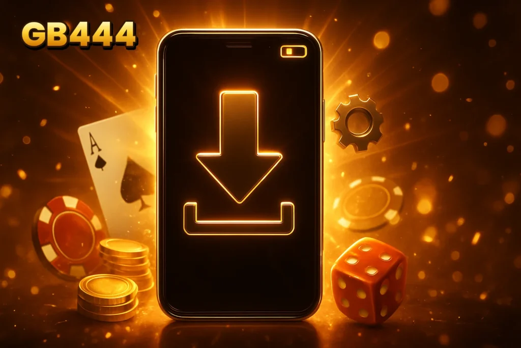 GB444 – Illustration of a smartphone displaying the GB444 app download progress.