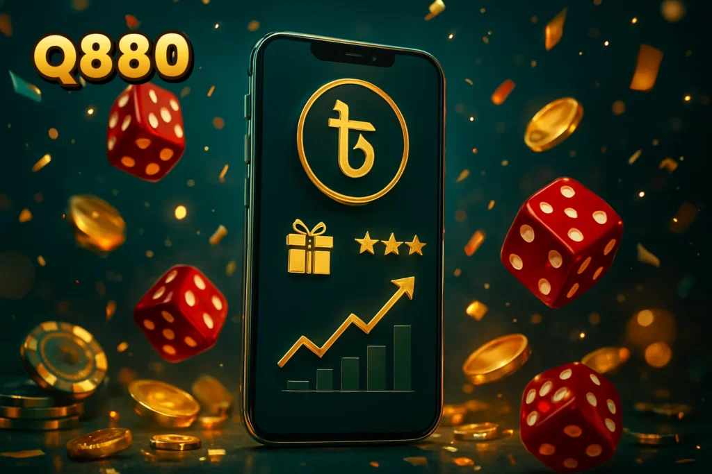 Q880 | Q880 app features on smartphone with BDT Q880 – Q880 app features on smartphone with BDT currency, referral bonus, and rating icons.