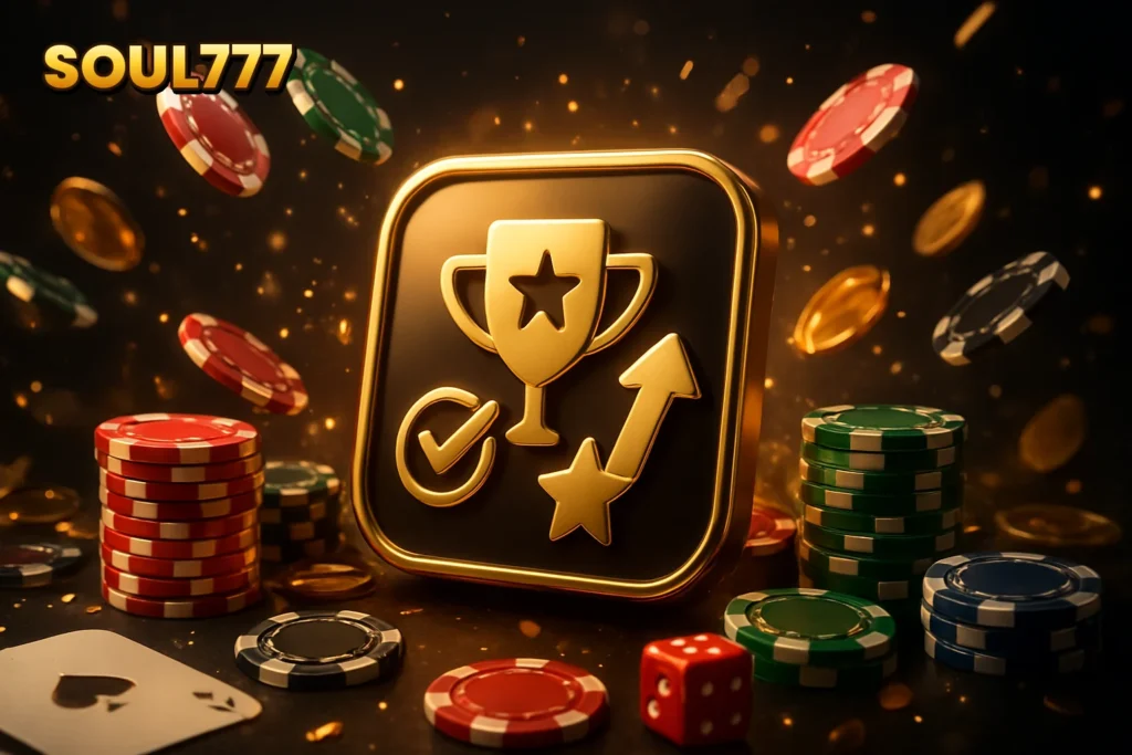 SOUL777 – Summary icons for SOUL777 app benefits, user ratings, and growth potential.