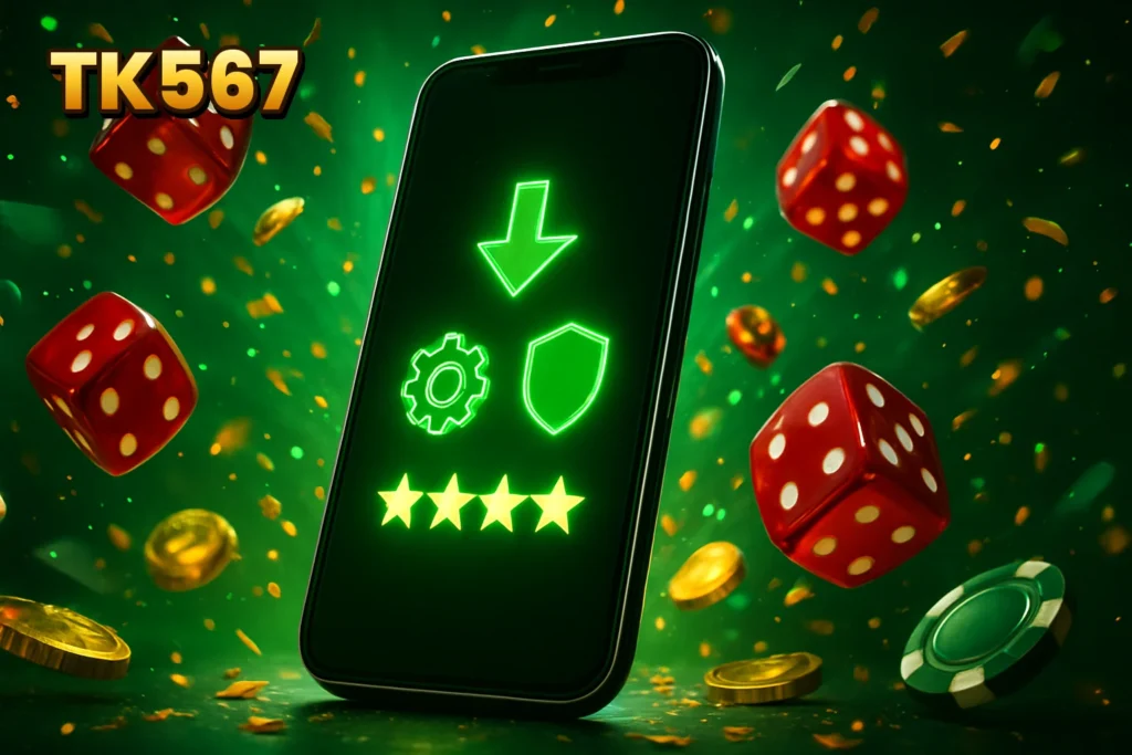 TK567 | Smartphone displaying TK567 app interface TK567 – Smartphone displaying TK567 app interface with download and security icons for Bangladesh users.