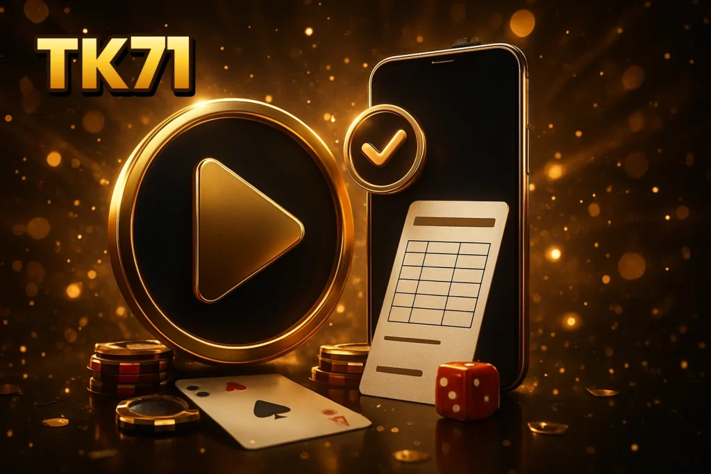 TK71 – Simple icons indicating readiness, account verification, and mobile access for new players to start betting.